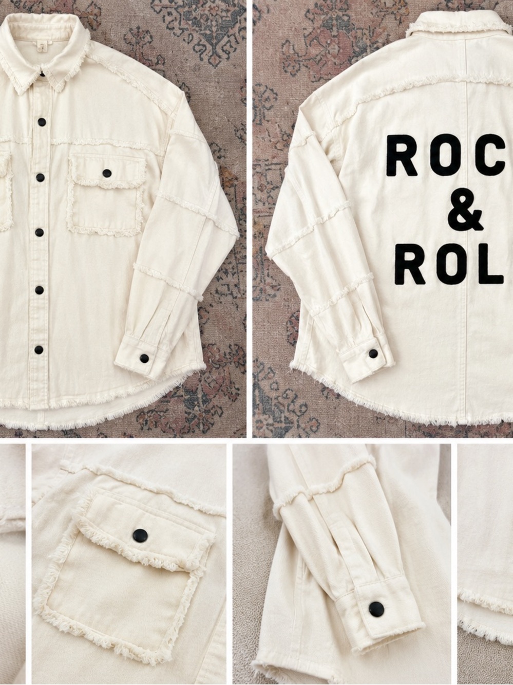 Elan Rock & Roll Graphic Frayed Oversized Shacket Jacket in Ivory